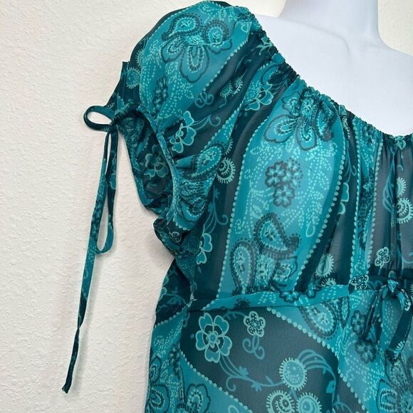 Cinema Etoile Vintage Blue Hipster Y2K Paisley Semi Sheer Ruffle Dress Size L - Picture 5 of 14